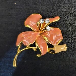 Vintage Orange Enamel Flower and Rhinestones Flower Brooch Pin 2"
